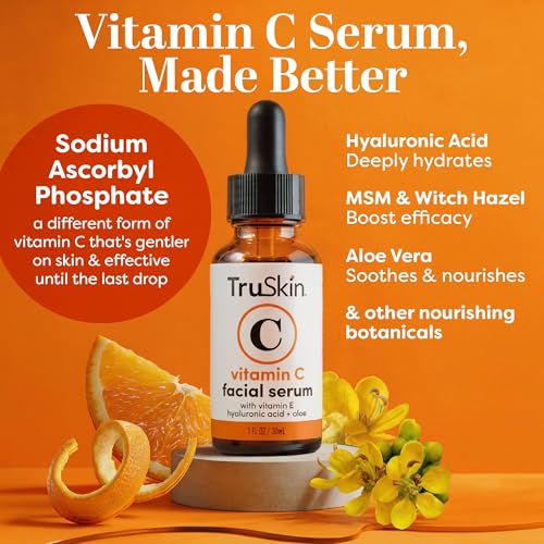 TruSkin Vitamin C Serum ingredient breakdown: sodium ascorbyl phosphate, hyaluronic acid, MSM and witch hazel, and aloe vera.