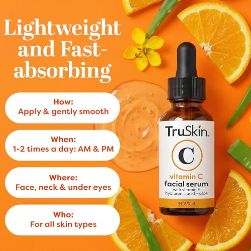 How to use the TruSkin Vitamin C Serum: apply and gently smooth, 1-2 times a day AM and PM, on face, neck and under eyes, for all skin types.