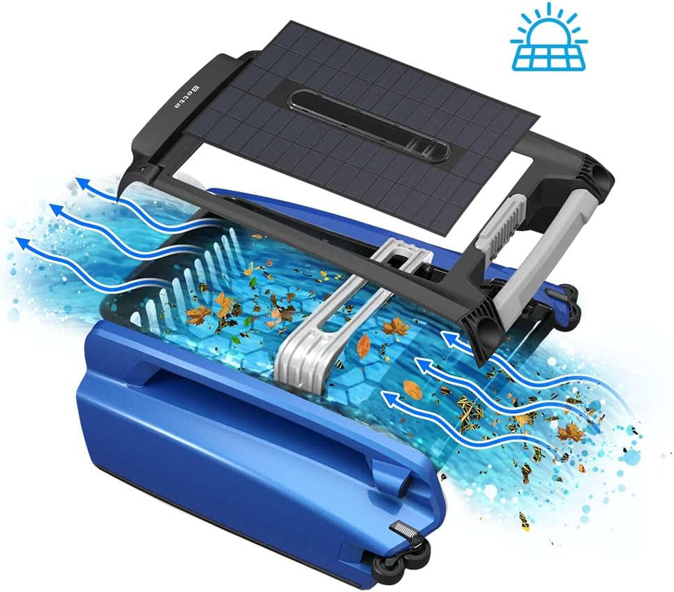 Exploded view of the Betta skimmer with surface water flowing through the basket.