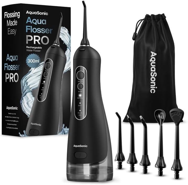 AquaSonic Aqua Flosser PRO Cordless Water Flosser (300ml Tank, 3 Modes, 6 Jet Tips + Tongue Nozzle, Black)