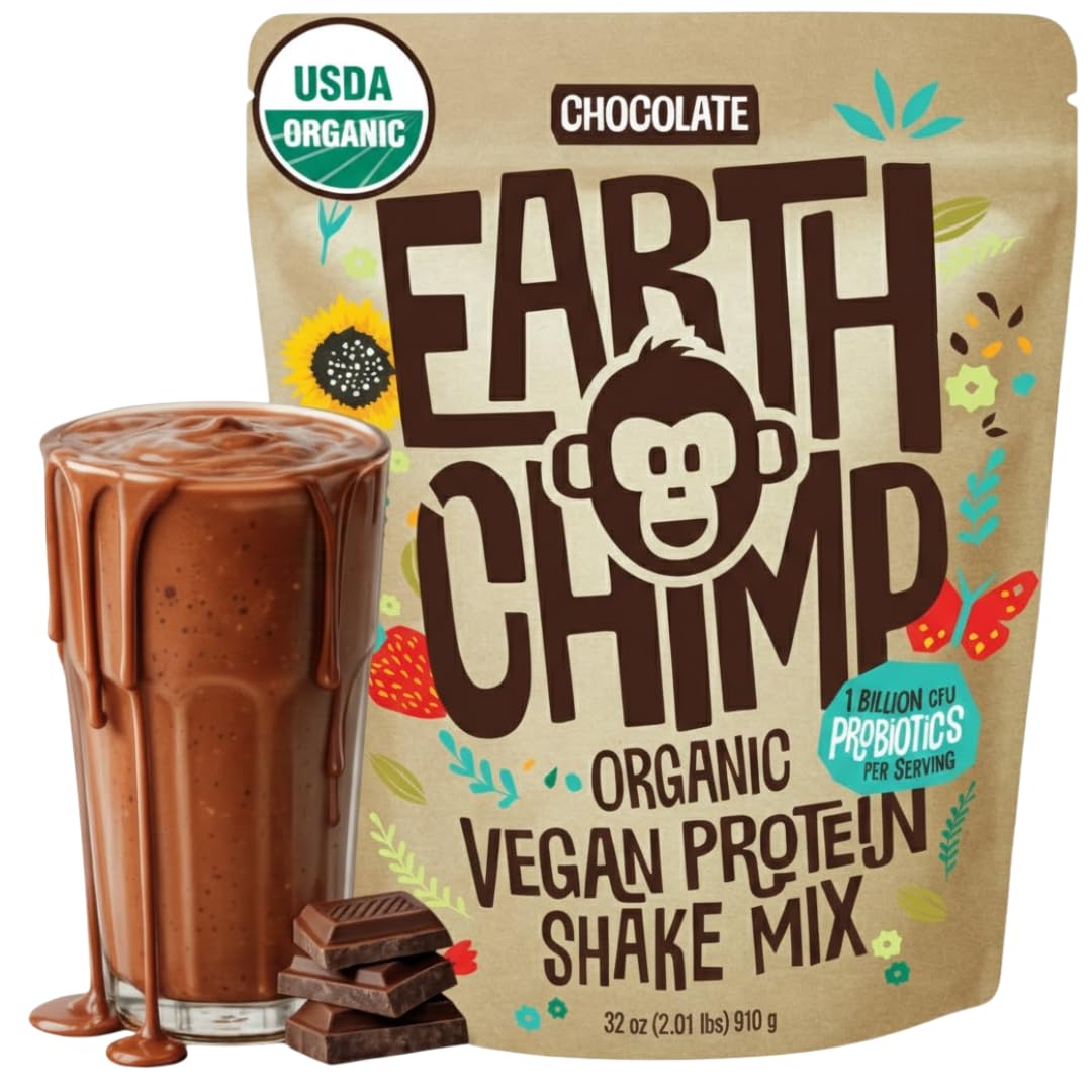 EarthChimp Organic Vegan Protein Powder with Probiotics (Chocolate, 26 Servings)
