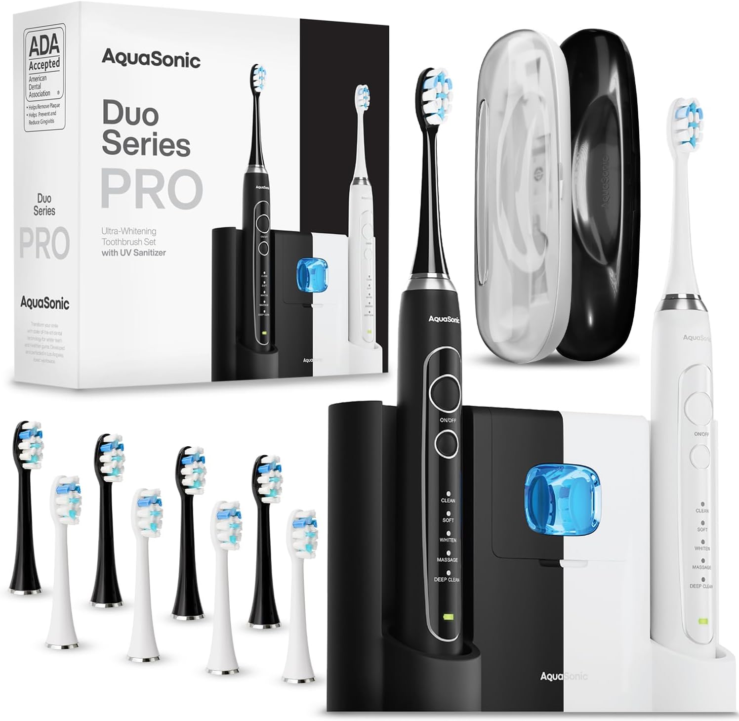 AquaSonic Duo Series PRO UV Electric Toothbrush Set with UV Sanitizer (2 Brushes, 10 Brush Heads, 2 Travel Cases)