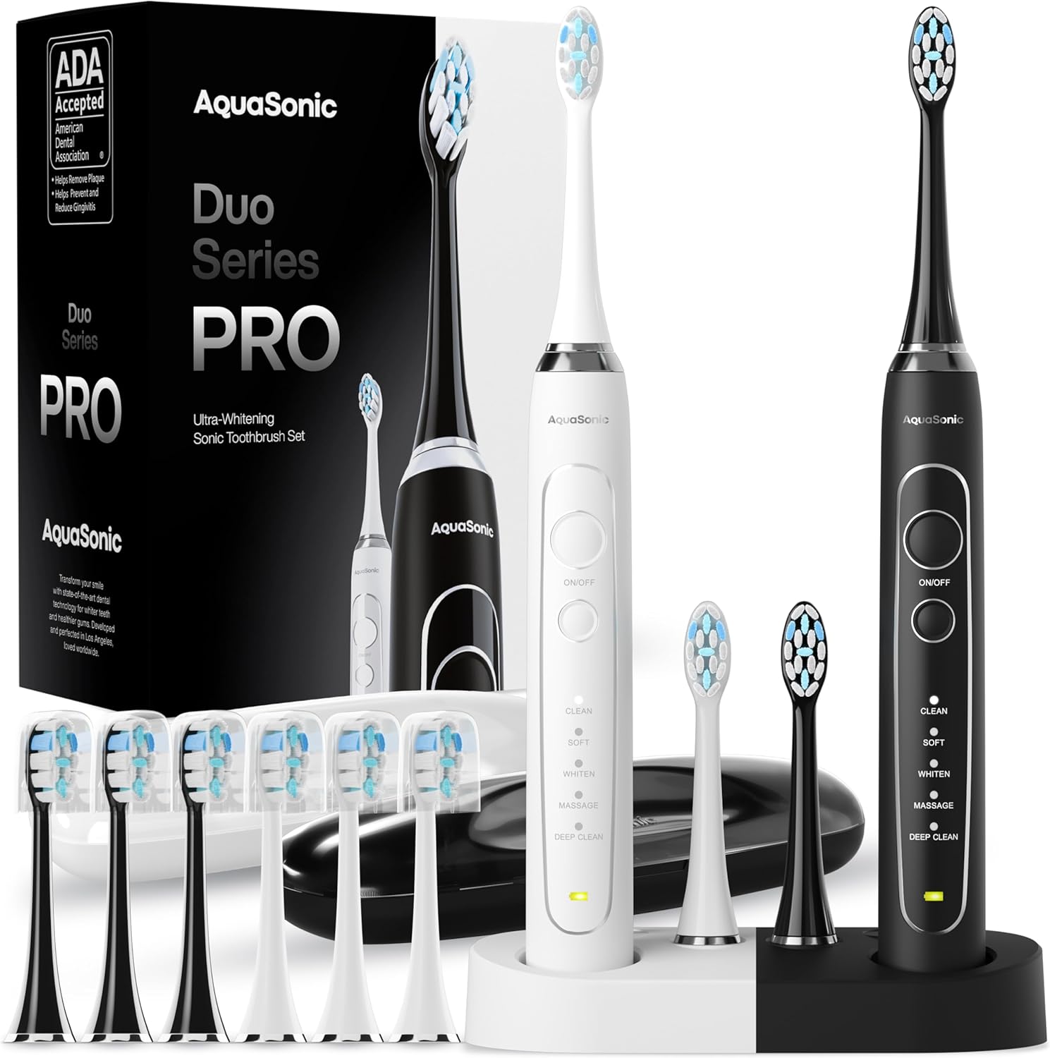 AquaSonic Duo Series PRO Ultra-Whitening Electric Toothbrush Set (2 Brushes, 10 Brush Heads, 2 Travel Cases)