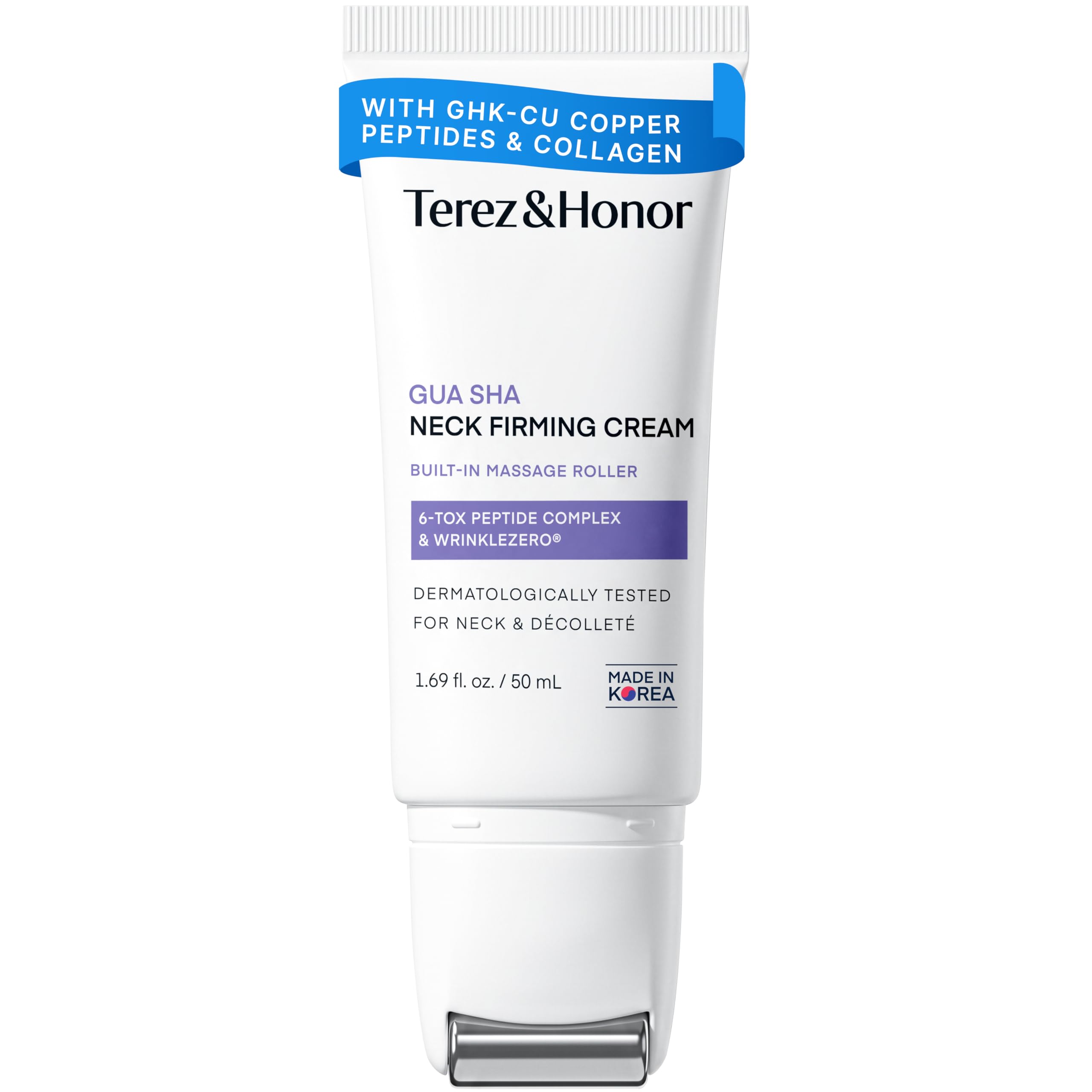 Terez & Honor Gua Sha Neck Firming Cream with Built-In Massage Roller (Retinol + Peptides, 1.7 fl oz)