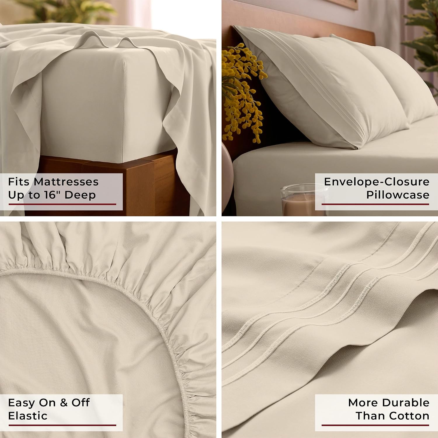 Close-up grid of the Mellanni sheet set showing the deep-pocket elastic corner, envelope-closure pillowcase, and durable weave.