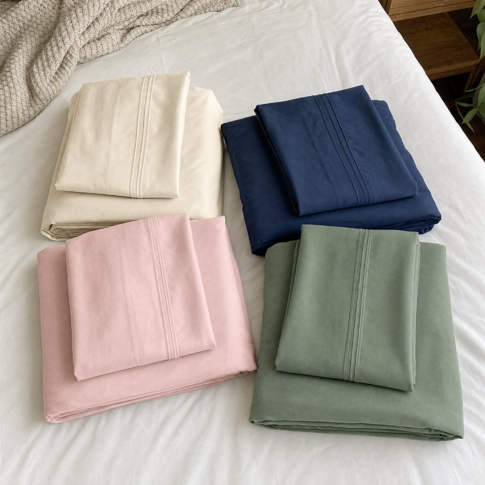 Mellanni sheets folded in ivory, navy, pink and sage
