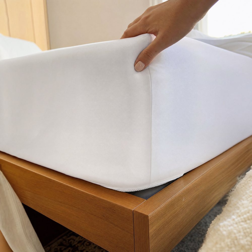 A hand pulling the deep-pocket fitted sheet over a mattress corner