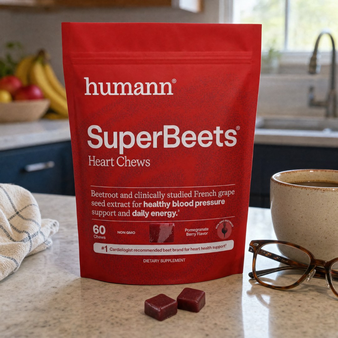 SuperBeets Heart Chews bag on a kitchen counter