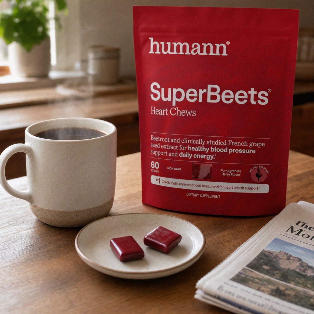 Two heart chews beside morning coffee