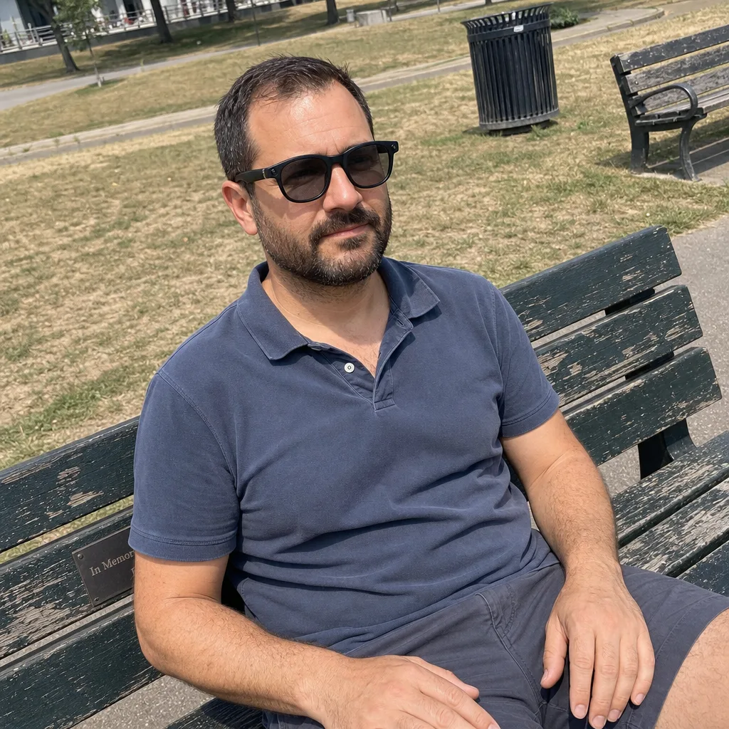 Man on a park bench wearing King Will smart glasses, photochromic lenses tinted in the sun