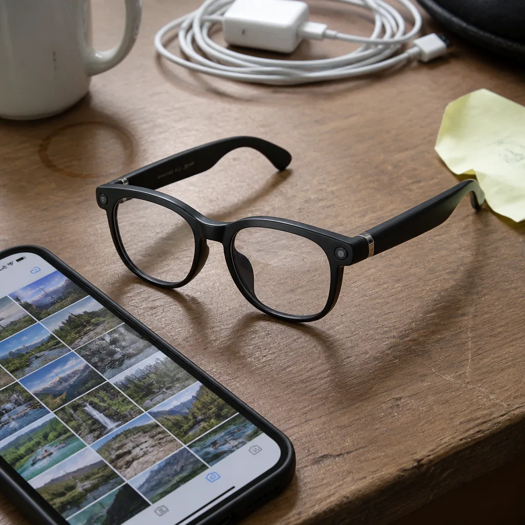 King Will smart glasses on a desk next to a phone showing captured photos