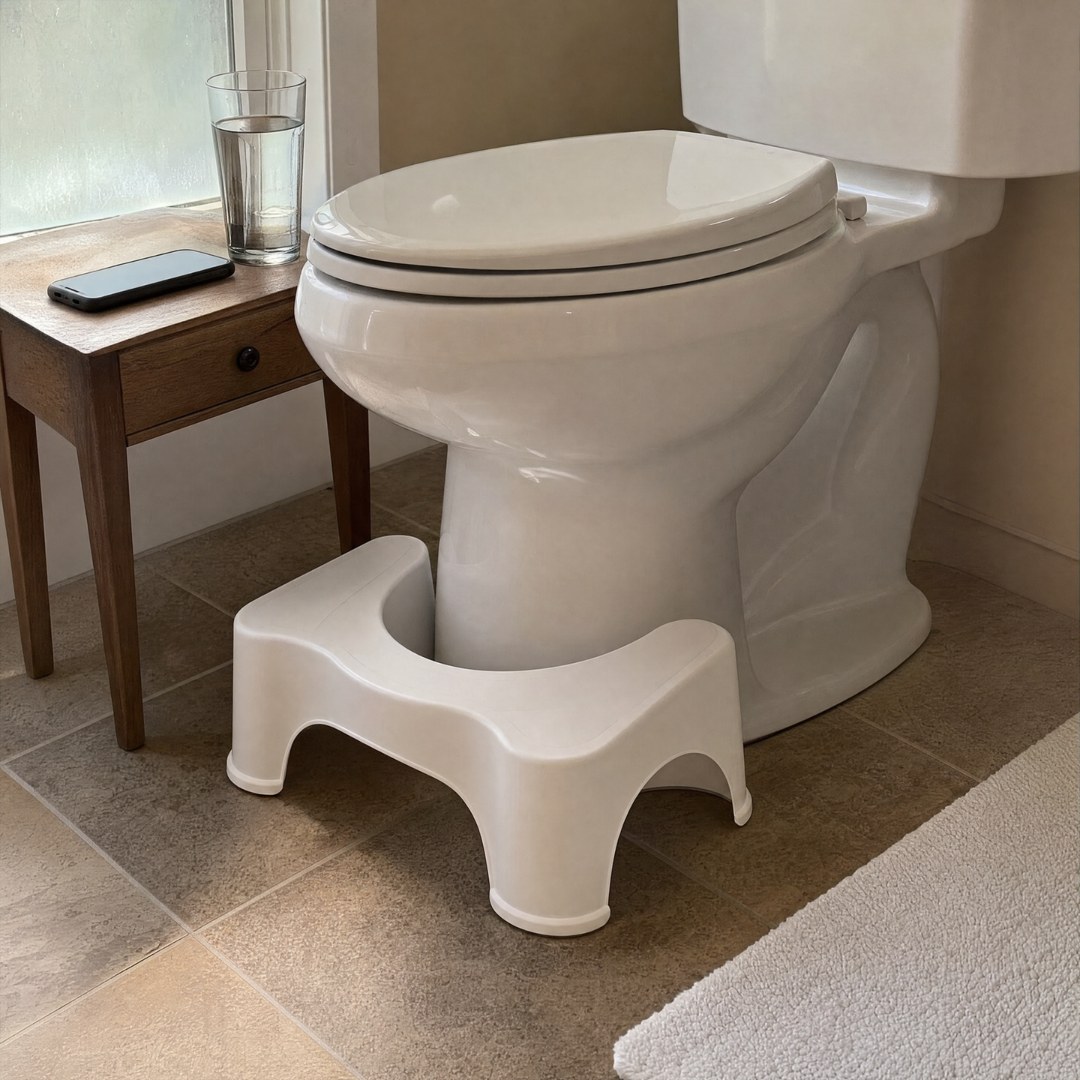 Squatty Potty in a calm morning bathroom