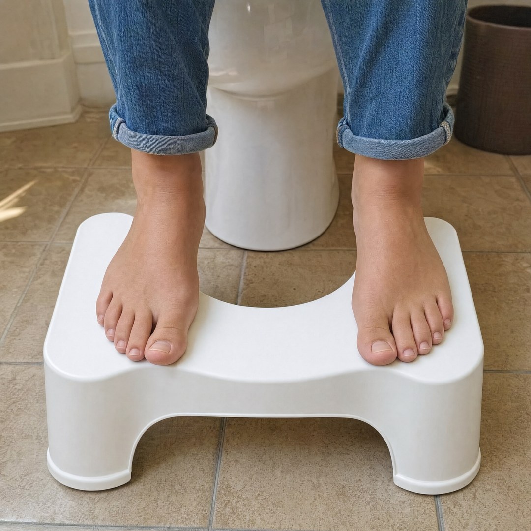 Feet resting on a Squatty Potty stool
