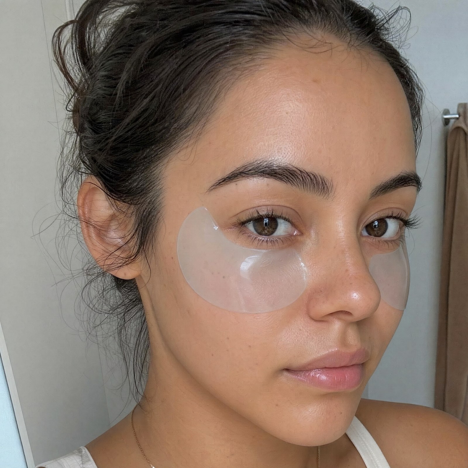 Blue hydrogel eye patches being worn under the eyes