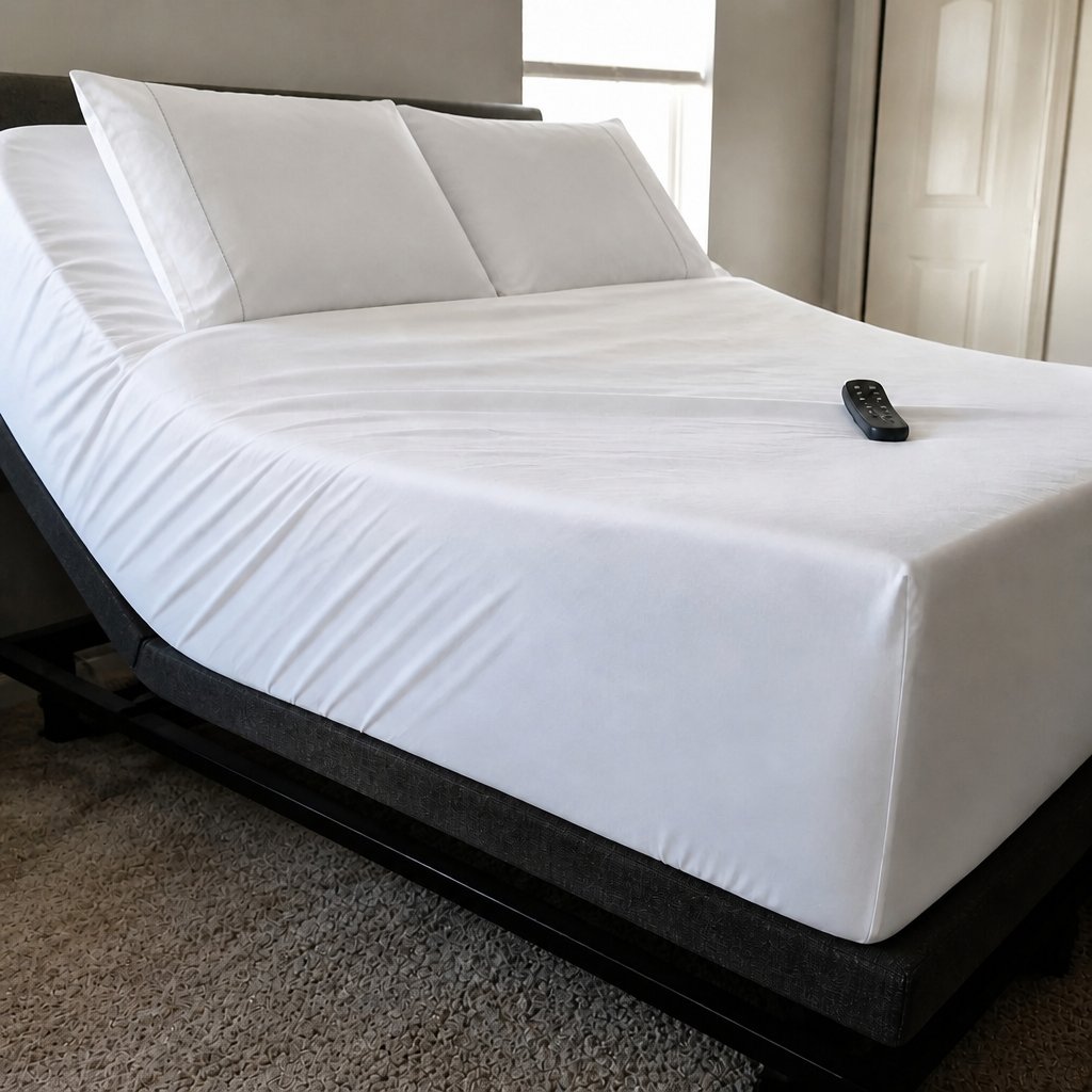 Adjustable bed raised at the head with white extra deep pocket sheets staying fitted