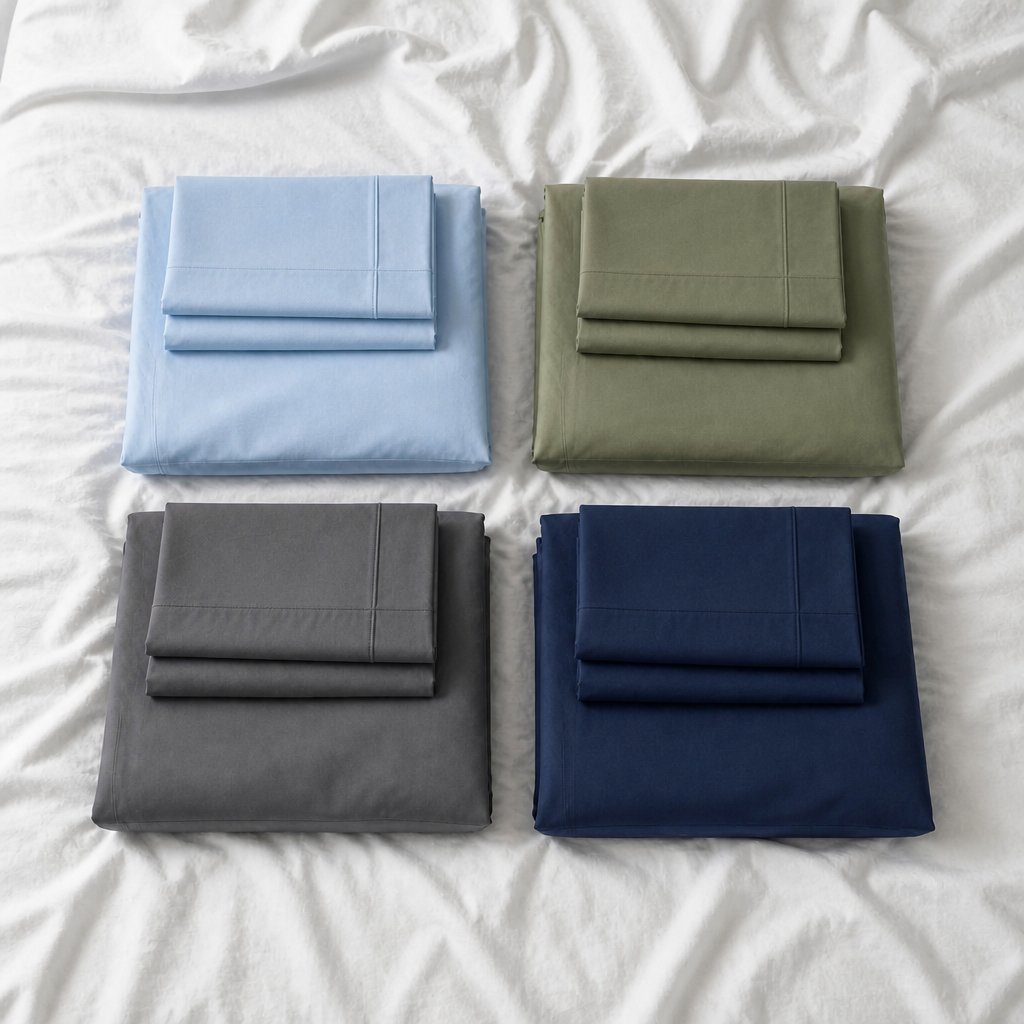 Four folded CGK extra deep pocket sheet sets in light blue, sage green, dark grey and navy on a white bed