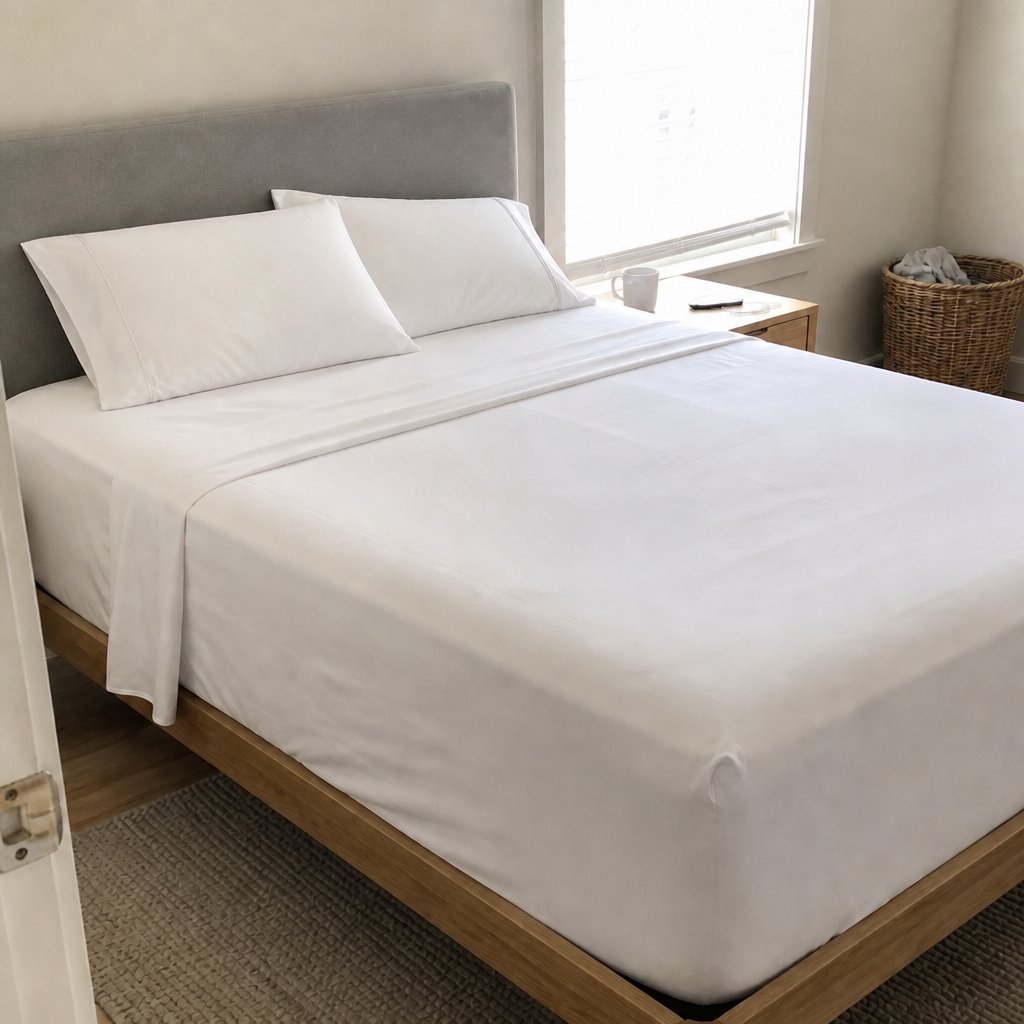 Fully made bed with white extra deep pocket sheets wrapping a thick mattress