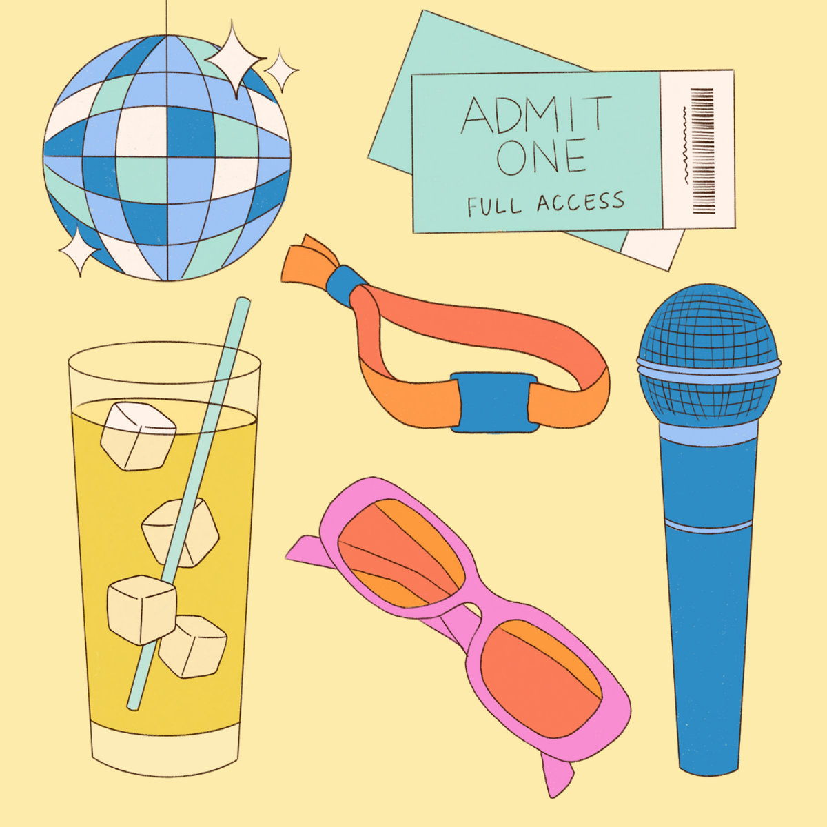 2023 concerts illustration with tickets sunglasses and disco ball