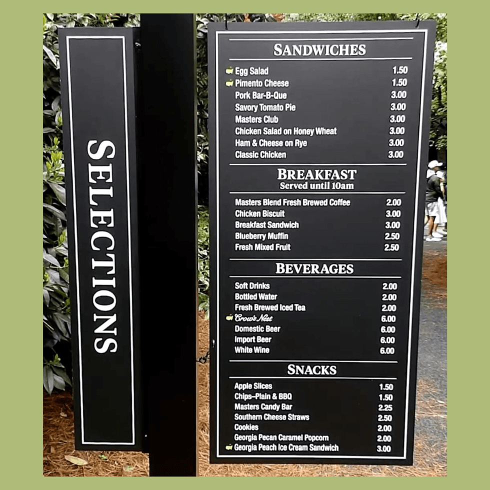 2026 Masters Tournament Concessions Menu
