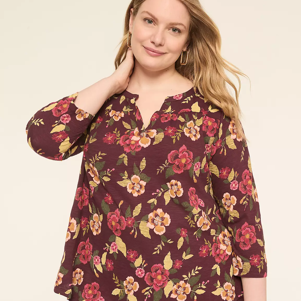 3/4-Sleeve Notch-Neck Top