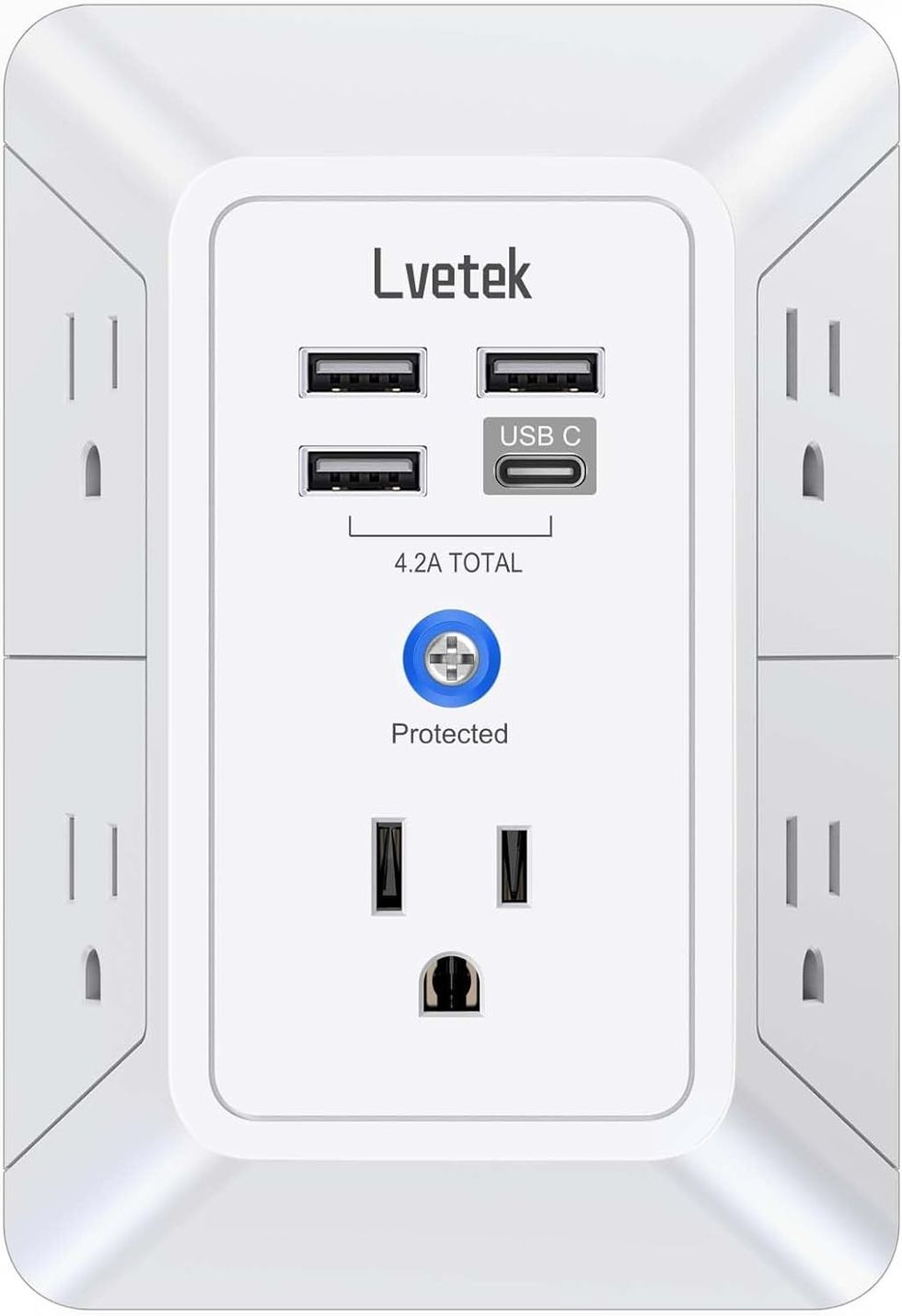 5-Outlet Surge Protector Wall Charger with 4 USB Ports