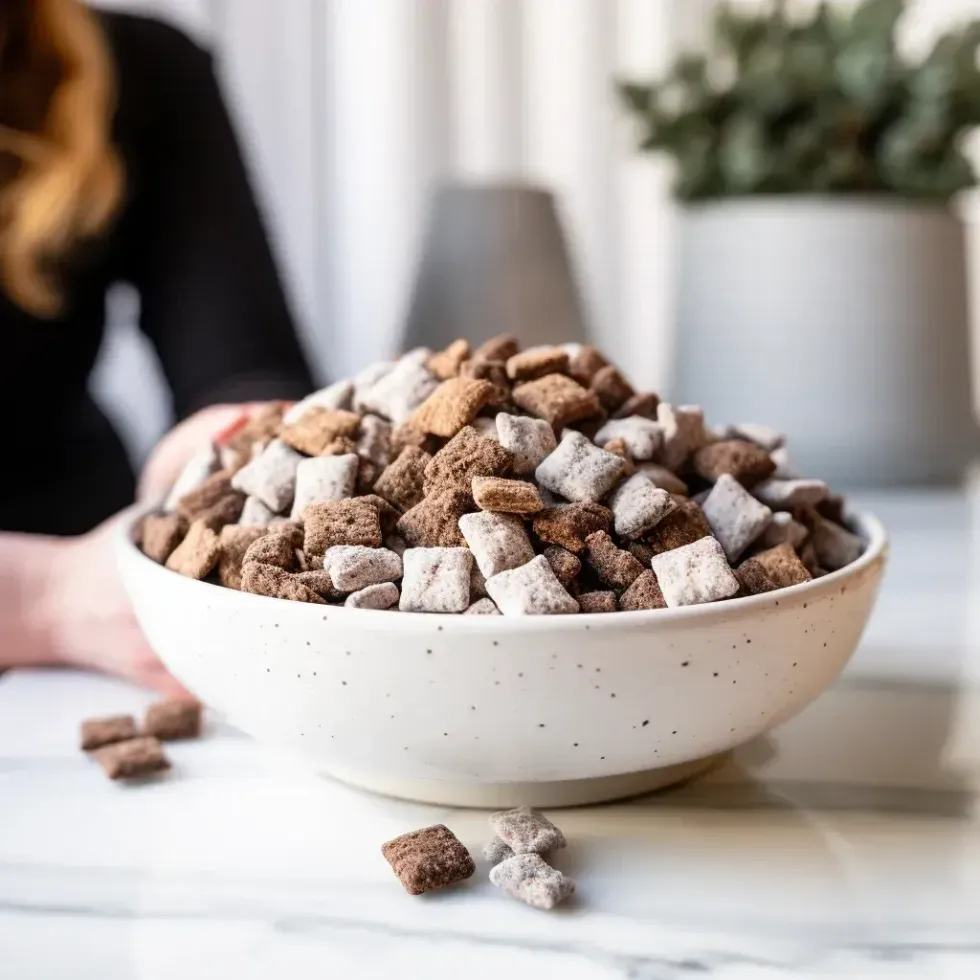 a bowl of muddy buddies sitting on a table