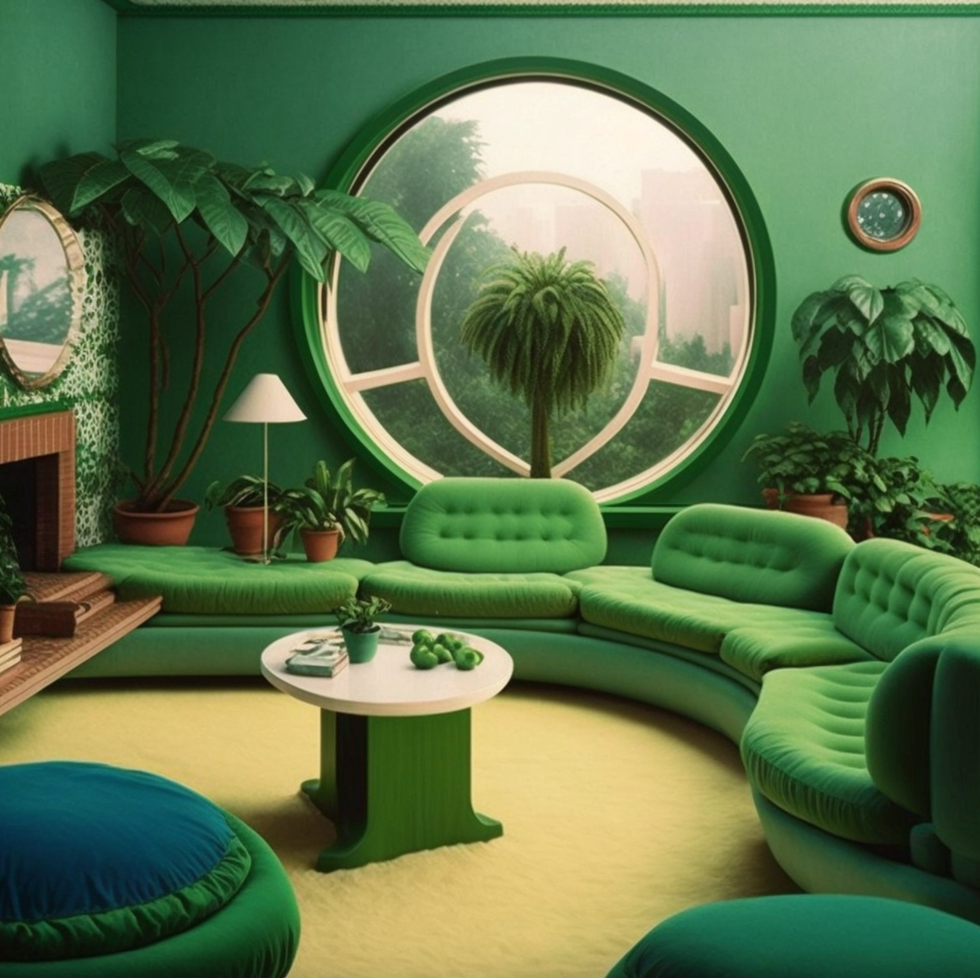 A bright, large, all green living room that is 1970's-inspired with a conversation pit