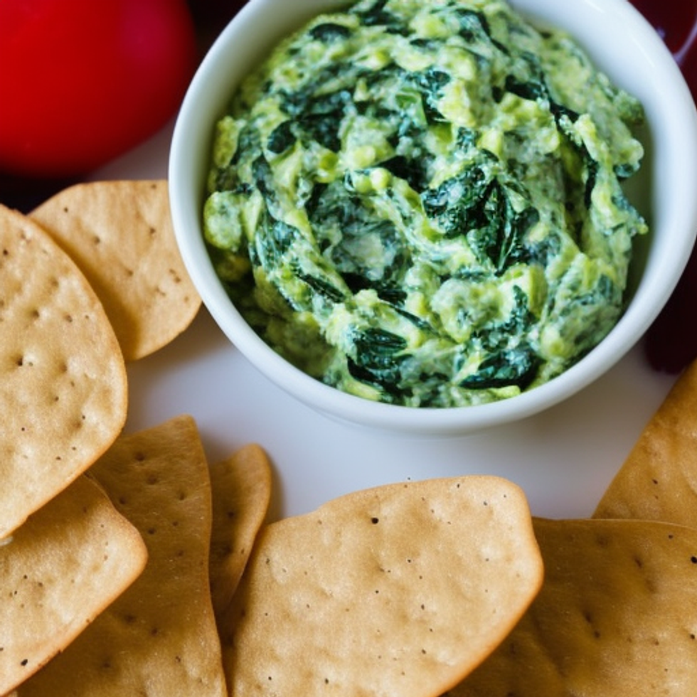 a bright photo of a bowl of spinach dip in the kitchen