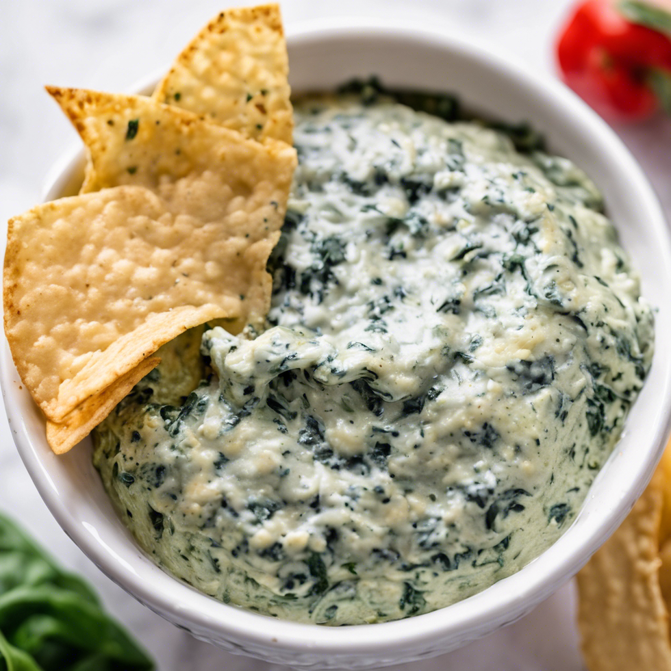 a bright photo of a tortilla chip sitting in a bowl of spinach artichoke dip