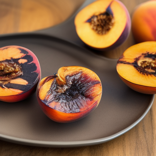 a bright realistic image of one grilled peach on a barbecue plate