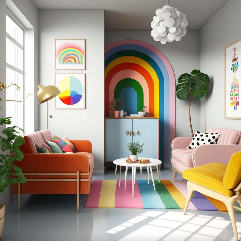 A bright room with rainbow walls, with lots of natural sunlight and mid-century modern furniture and decor