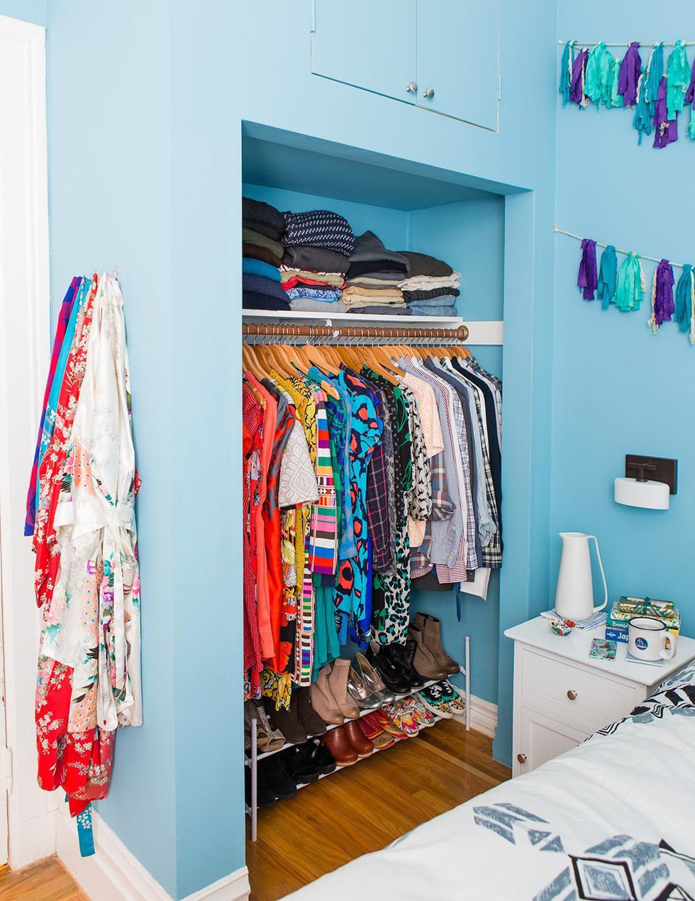 a colorful blue closet