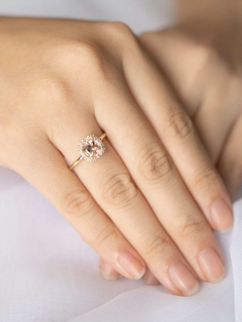 A Gilded Leaf Bridal Rose Cushion Morganite Ring