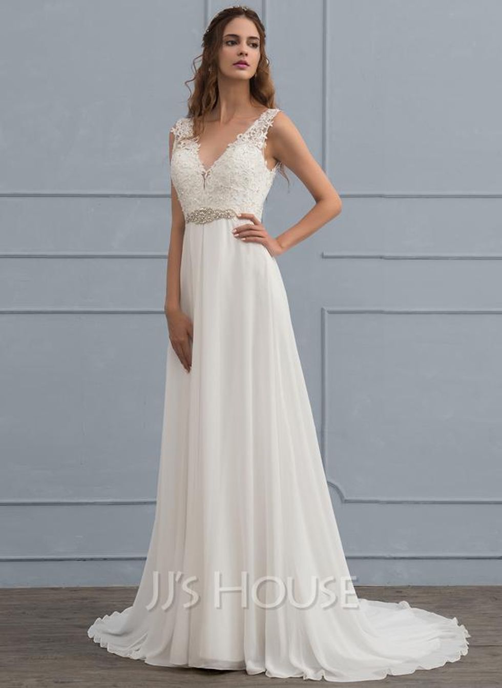 A-Line V-neck Court Train Chiffon Lace Wedding Dress With Beading Sequins