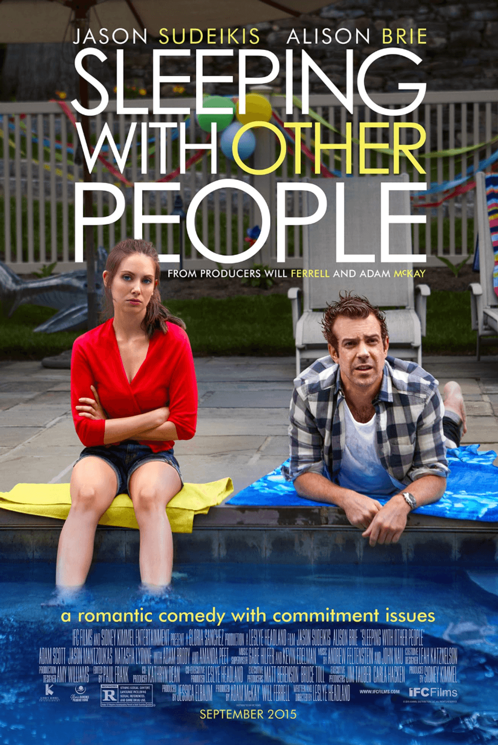 A man and woman sit by a pool under "Sleeping with Other People" title.