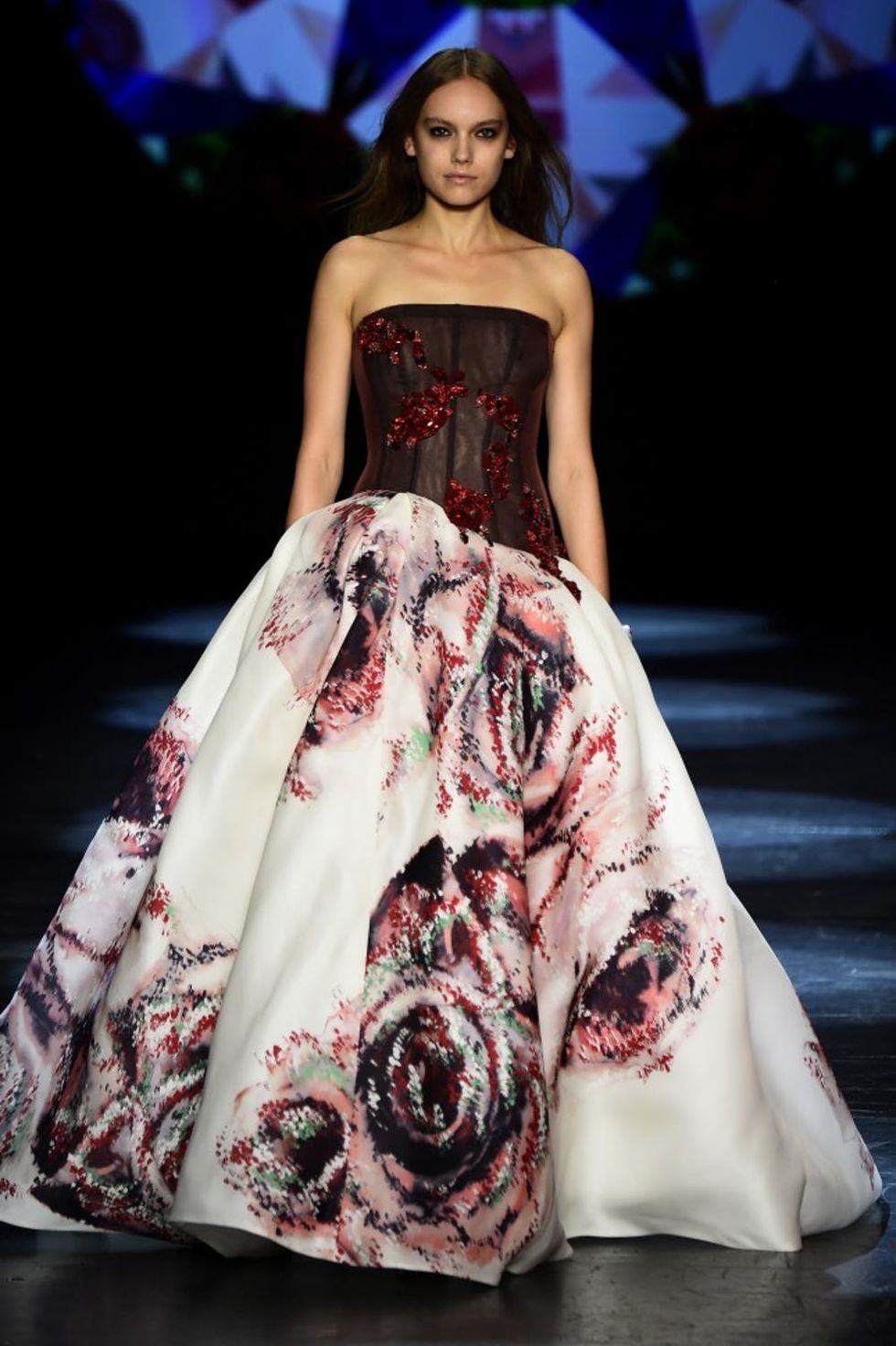 A model walks the runway wearing Monique Lhuillier Fall 2016 during New York Fashion Week: The Shows at The Arc, Skylight at Moynihan Station on February 13, 2016 in New York City.