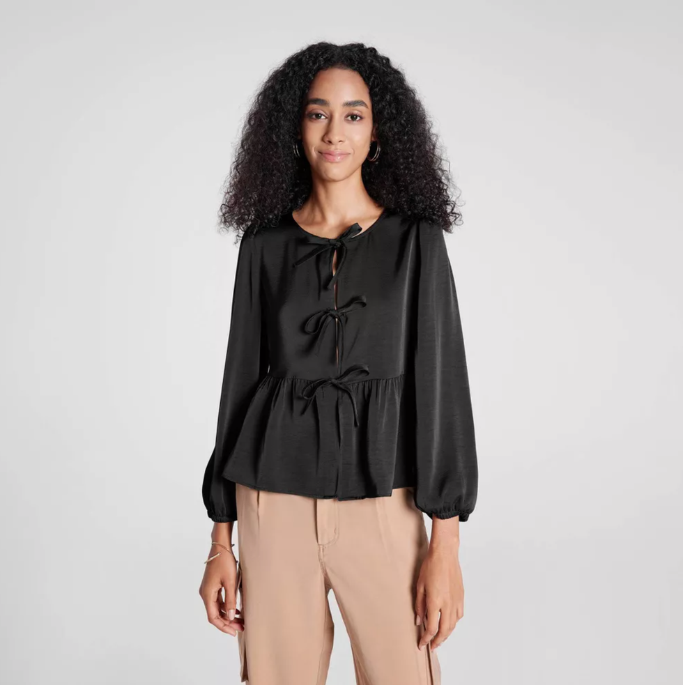 A New Day Ballon Long Sleeve Tie Front Blouse