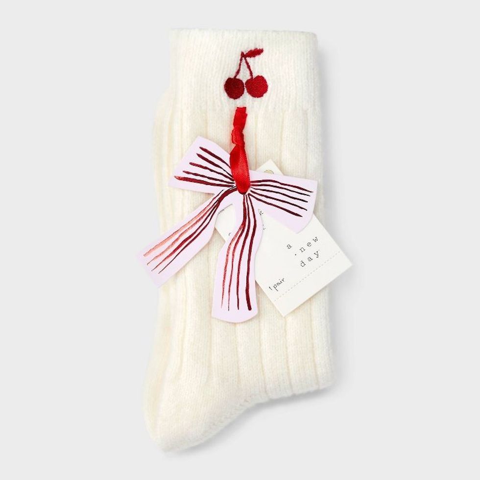 A New Day Cozy Knit Ribbed Embroidered Cherry Crew Socks