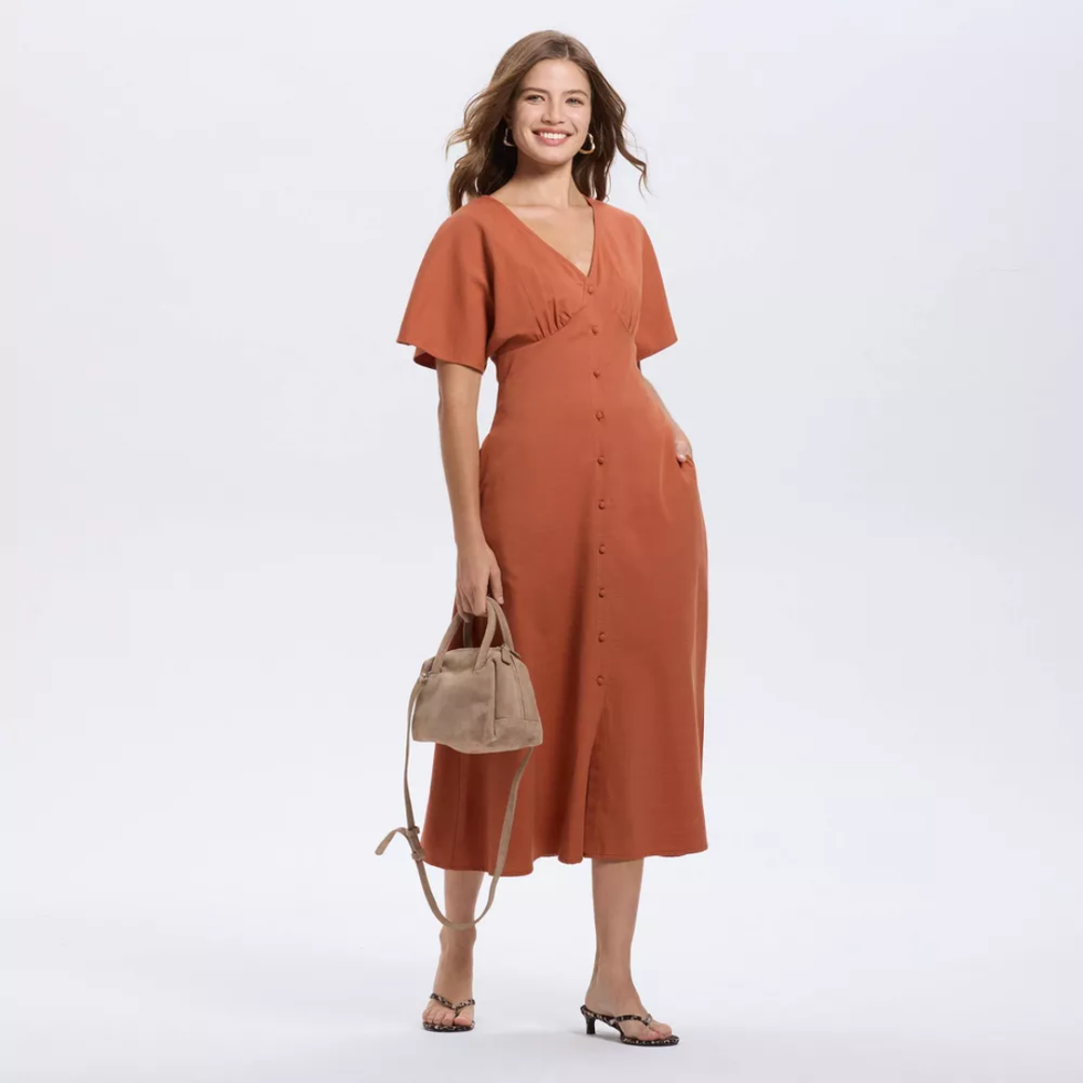 A New Day Short Sleeve Button-Down Flared Midi A-Line Dress