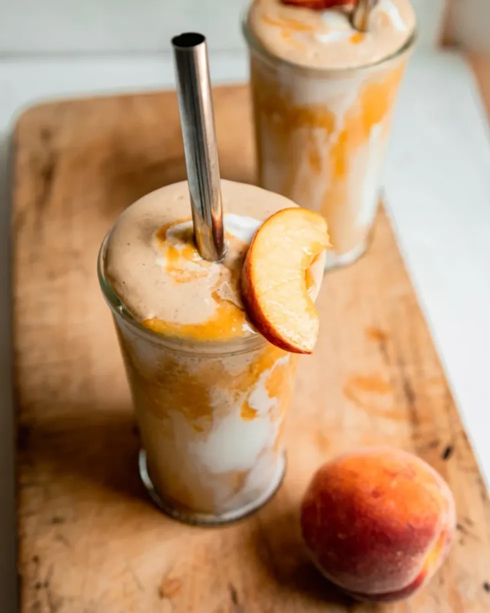 A peaches and cream smoothie sits next to a full peach.