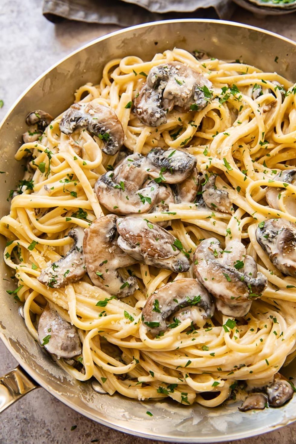 A pot of creamy mushroom pasta is sitting on top of a counter.
