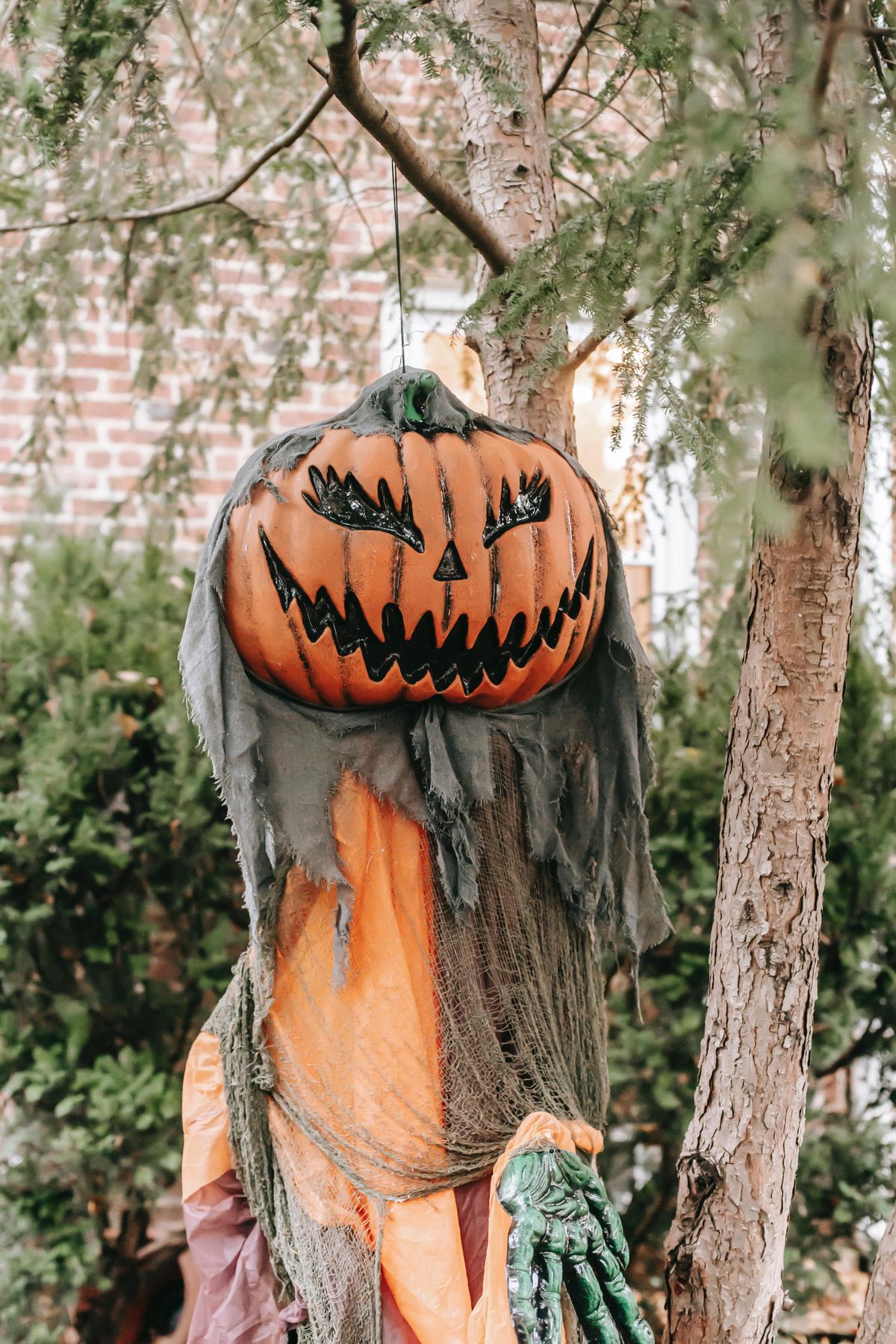A scarecrow with a pumpkin head.
