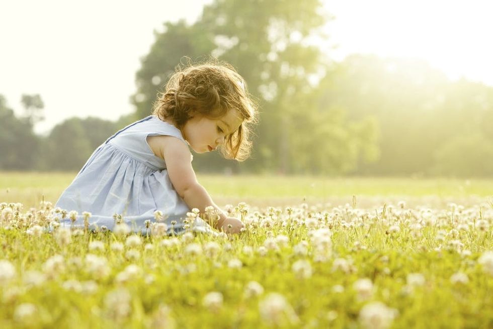 A toddler picks flowers in a field