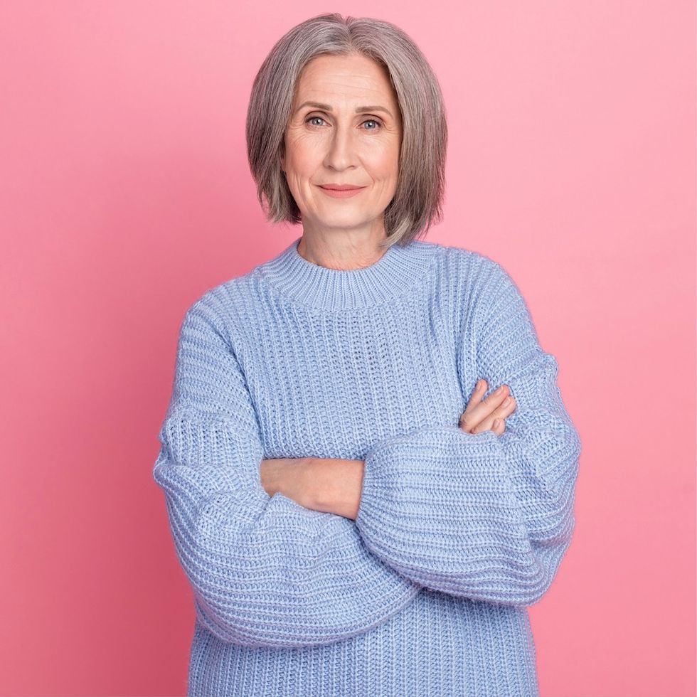 a woman with a gray bob hairstyle