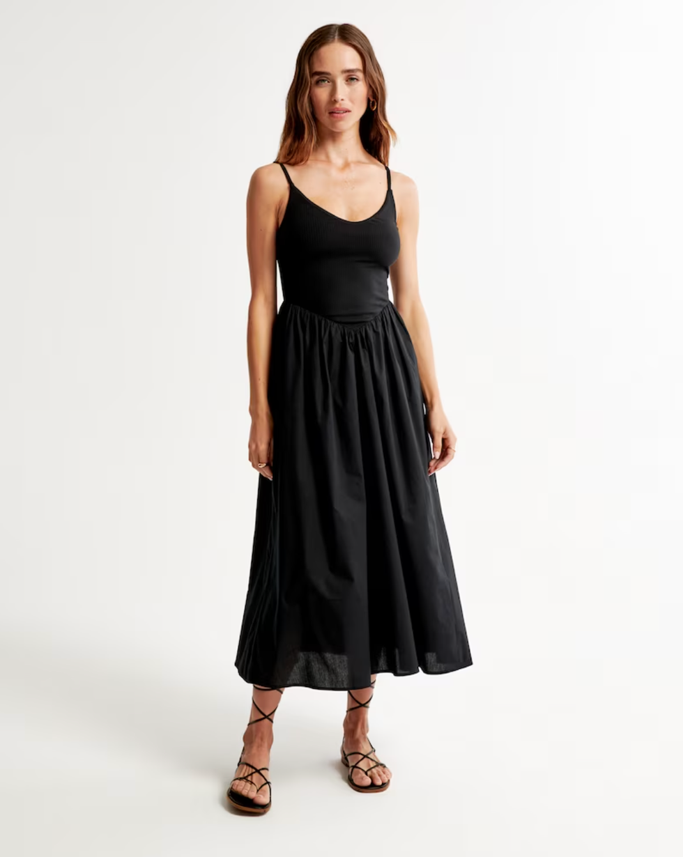 Abercrombie & Fitch Mixed Fabric Drop-Waist Midi Dress
