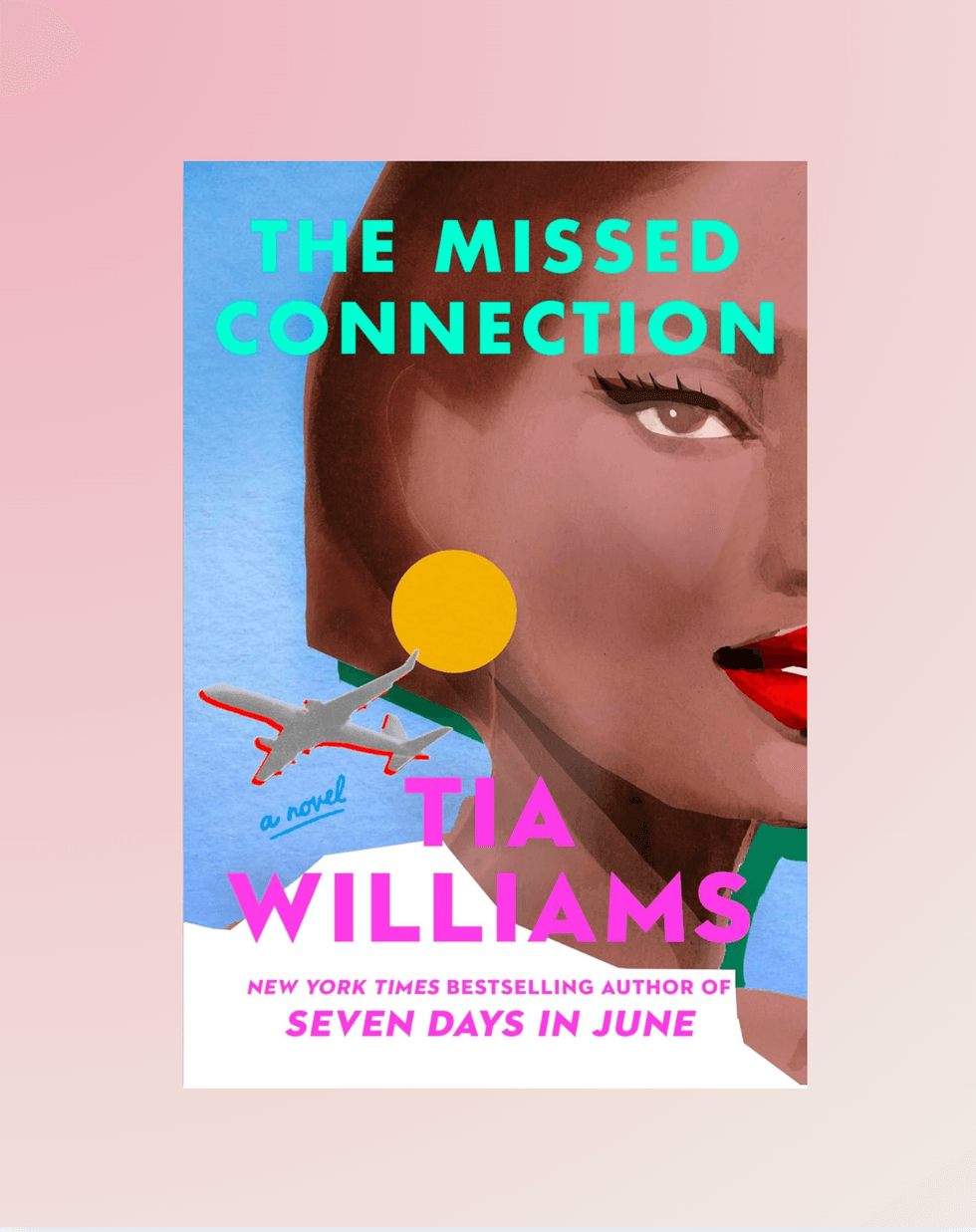 Abstract book cover with a woman's face, a yellow circle, and an airplane.