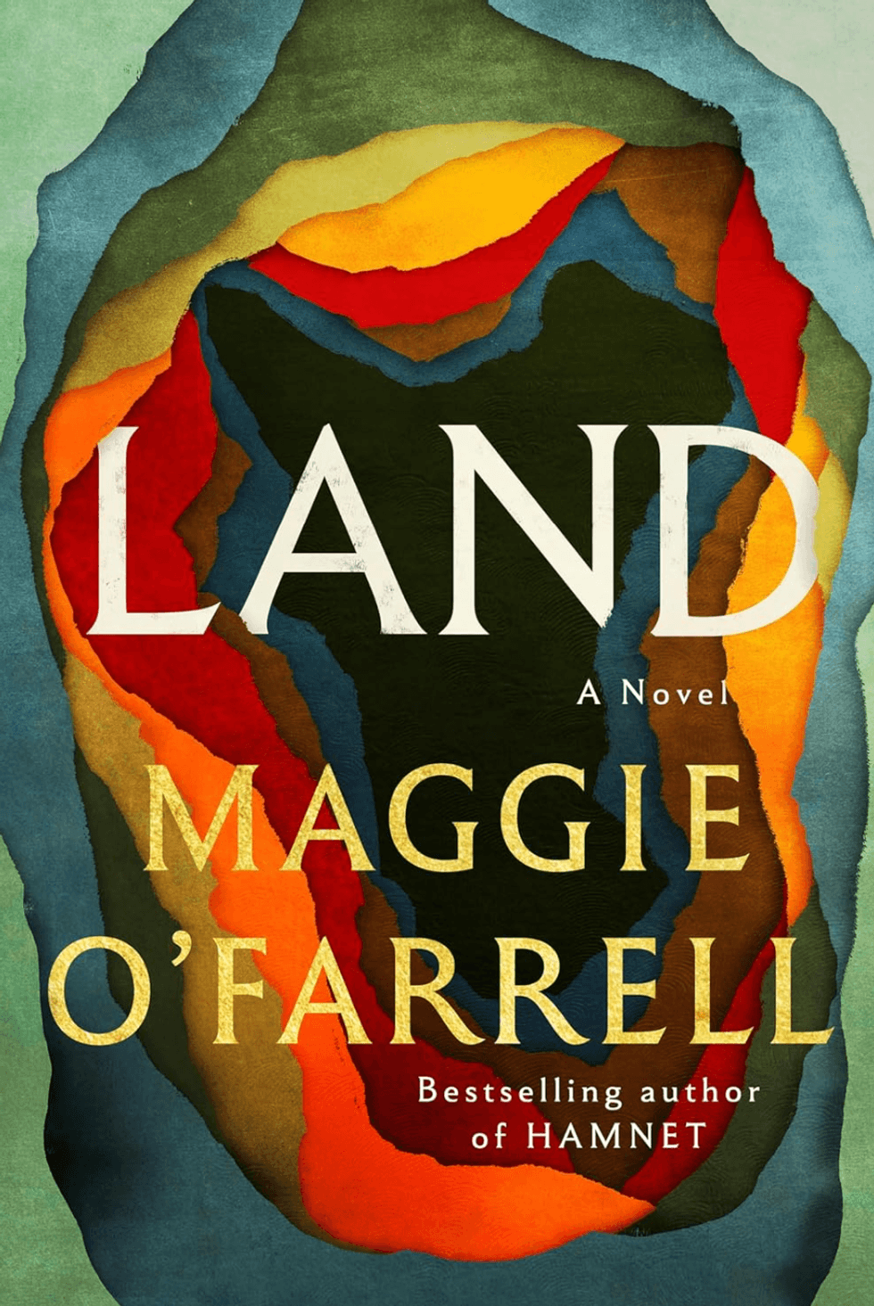 Abstract colorful paper layers with "Land" by Maggie O'Farrell on the book cover.