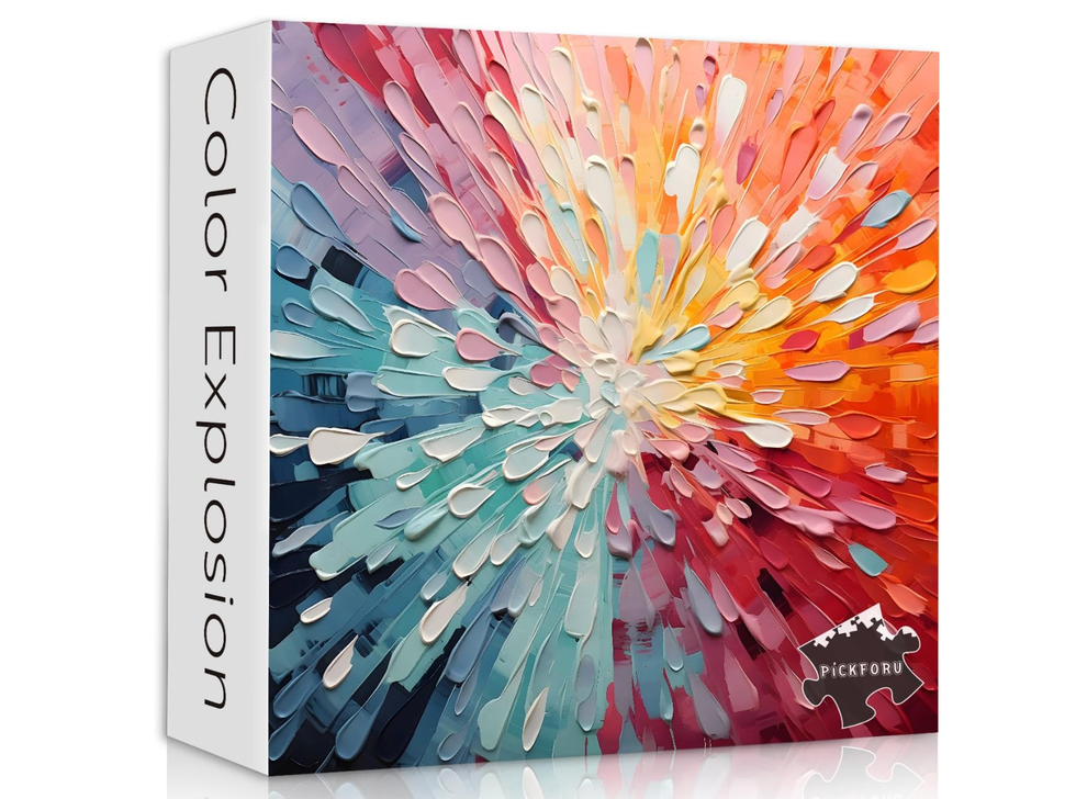 Abstract puzzle art with colorful paint swirls in a box labeled "Color Explosion".