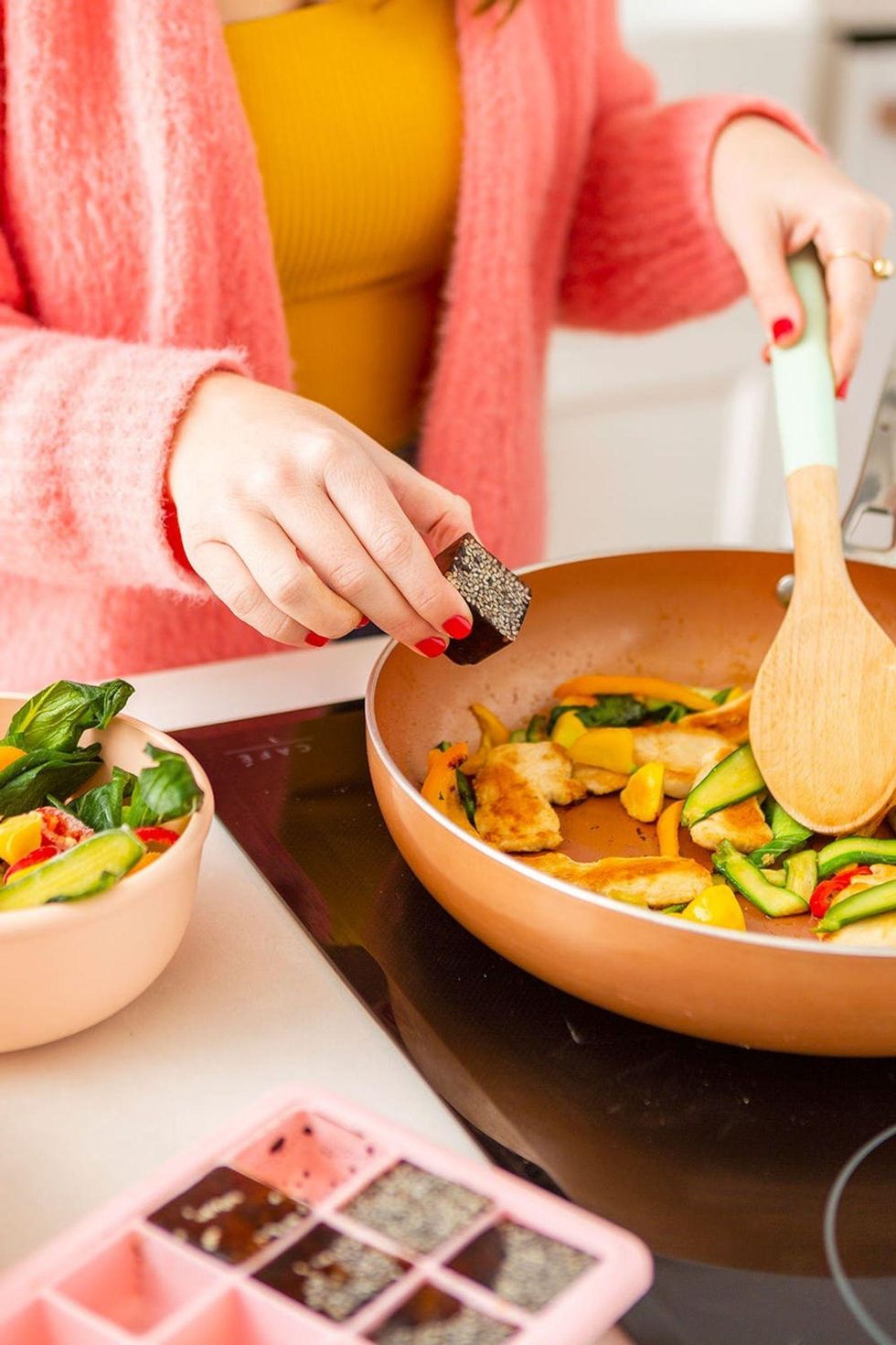adding a frozen cube to the stir fry
