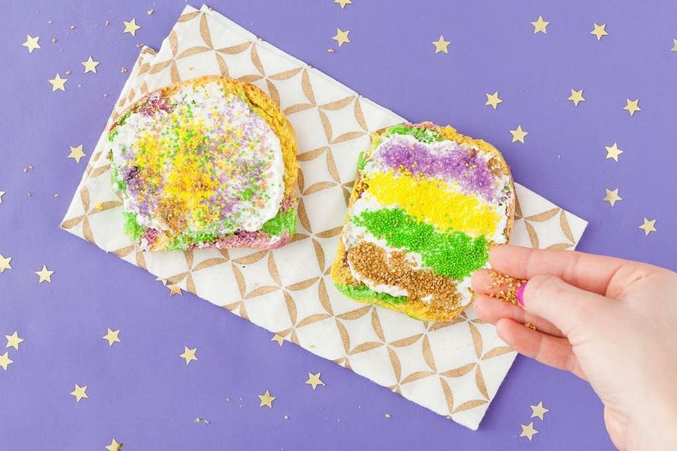 adding sprinkles to the rainbow bread